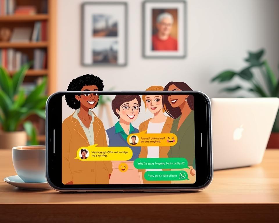 A vivid illustration of a WhatsApp group chat on a smartphone screen, showcasing a lively conversation among four diverse individuals, each depicted as professional or casually dressed. The foreground features the smartphone prominently, displaying colorful text message bubbles with various emojis to emphasize their messages. In the middle ground, a clean, modern desk setup with a stylish coffee cup and a laptop adds context, while the background hints at a cozy living room atmosphere with soft lighting and a bookshelf. The overall mood is warm and engaging, reflecting the connection and communication that WhatsApp facilitates among friends or colleagues. The lighting is soft and natural, creating an inviting ambiance.