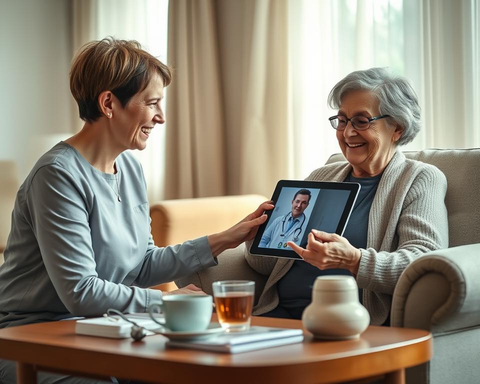A warm and inviting scene depicting caregivers supporting seniors through telemedicine in a cozy living room setting. In the foreground, a middle-aged caregiver with short hair, dressed in a smart casual outfit, is attentively helping an elderly woman with gray hair, who sits comfortably in an armchair, smiling as she interacts with a tablet showing a doctor’s video call. In the middle, a well-lit coffee table holds various medical supplies and a steaming cup of tea, symbolizing care. In the background, gentle sunlight filters through sheer curtains, creating a soft, welcoming atmosphere. The angle captures both faces with clarity, conveying connection and warmth. The overall mood is supportive and nurturing, emphasizing the caregivers’ essential role in facilitating health care for seniors remotely.