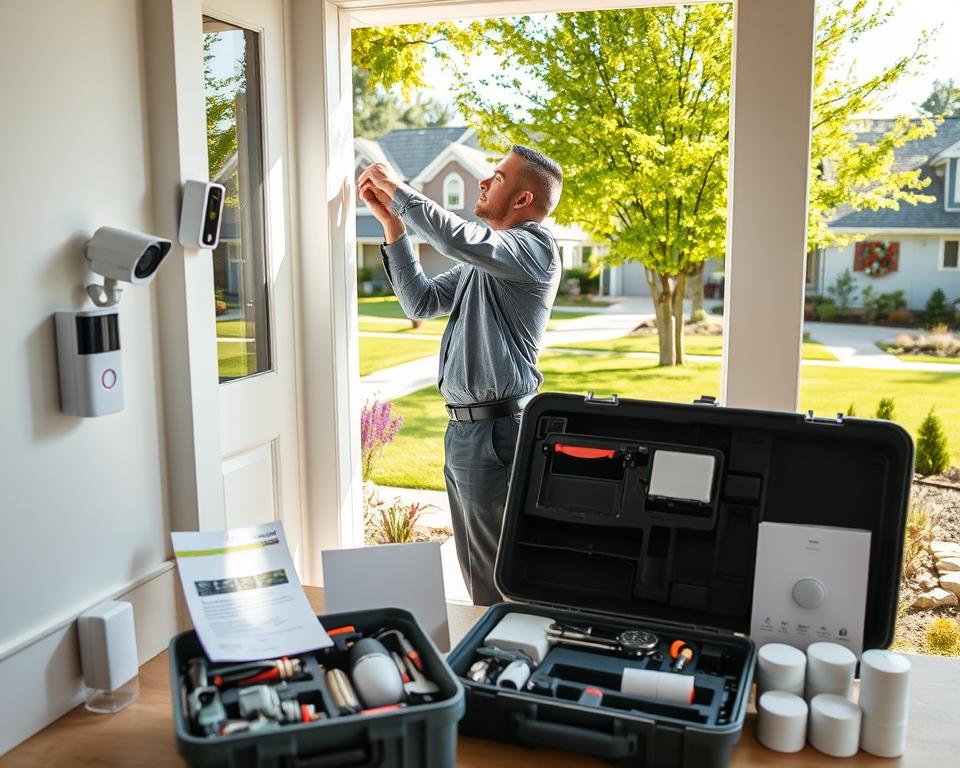 A well-lit residential setting featuring a professional technician installing various safety devices, such as a surveillance camera, smart doorbell, and motion sensor lights, in a modern home environment. In the foreground, the technician, dressed in professional business attire, is carefully mounting a camera on the exterior wall. The middle ground showcases a neatly organized toolbox and installation manuals, while the background reveals a peaceful suburban neighborhood with green lawns and trees. Natural daylight streams in, casting soft shadows and creating an inviting atmosphere. The image is captured from a slightly elevated angle, emphasizing the installation process while maintaining a focus on the safety devices and the technician’s professionalism.