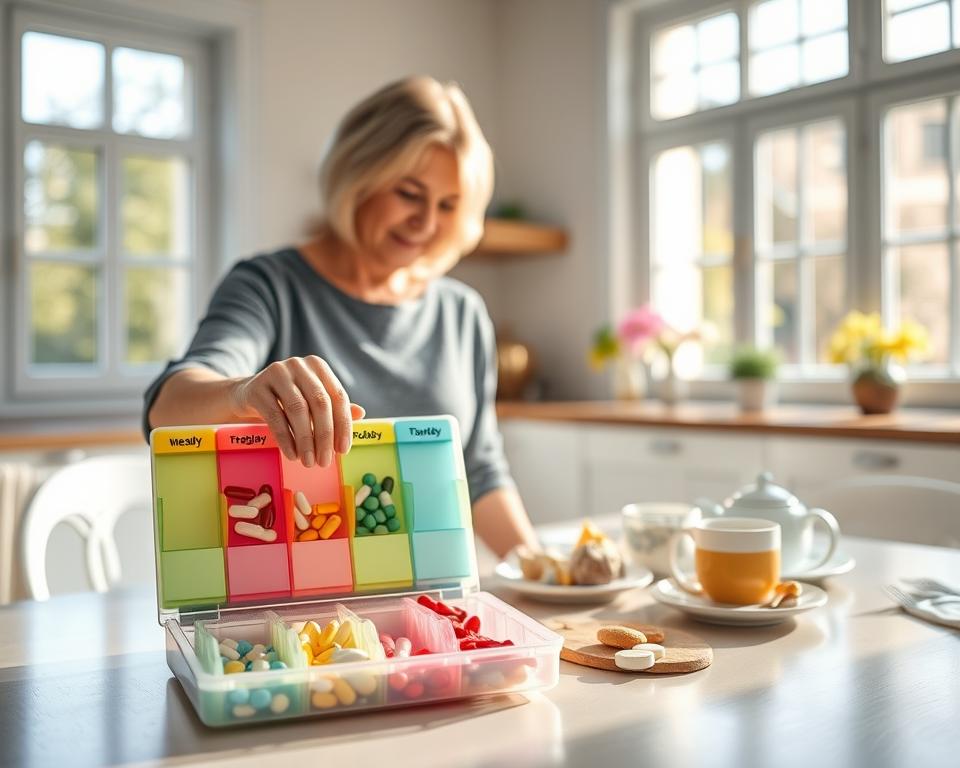 A well-organized scene featuring a bright, sunlit kitchen where a middle-aged woman in modest casual clothing is arranging a colorful weekly medication organizer. In the foreground, the organizer is filled with various capsules and tablets, separated by days of the week, reflecting the importance of medication reminders. In the middle ground, a cozy dining table is set with a soft, inviting breakfast spread, symbolizing health and wellness. In the background, large windows let in natural light, creating an uplifting atmosphere. The overall mood is calm and encouraging, showcasing success in managing health through medication reminders. The composition should be shot from a slightly elevated angle to capture both the organizer and the warm environment, with soft focus on the background to emphasize the subject.