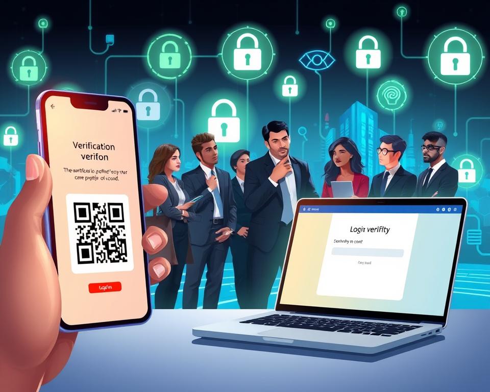 An informative and visually engaging illustration depicting two-step verification methods. In the foreground, a smartphone displaying a verification app with a glowing screen, showcasing a QR code and a time-sensitive code. Beside it, a laptop with a login page open, showing the second verification input. In the middle, a diverse group of individuals in professional business attire, thoughtfully discussing security options. In the background, a digital landscape with futuristic elements like icons representing security measures—lock symbols, email notifications, and biometric sensors—illuminated with soft blue and green lighting, creating a high-tech atmosphere. The overall mood is focused and serious, emphasizing the importance of account security while remaining accessible and educational. The scene should not contain any text overlays or distractions.