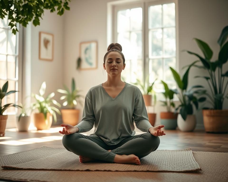 In a serene indoor setting, a person practicing mindfulness meditation sits comfortably on a soft, natural fiber mat. The foreground features the individual, with their eyes gently closed, dressed in modest, comfortable clothing. The mid-ground displays a tranquil atmosphere, enhanced by gentle, dappled sunlight streaming through a large window, casting soft shadows. Surrounding the meditator are potted plants, creating a lush, green environment that evokes peace. In the background, subtle hints of abstract, calming art adorn the walls, reinforcing the theme of tranquility. The overall mood is tranquil and reflective, with a warm color palette of soft greens and earth tones. Capture this scene with a soft focus effect, creating a sense of depth and inviting the viewer into a moment of calm and introspection.