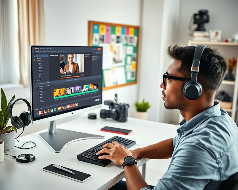 A bright and modern home office scene dedicated to YouTube video editing, featuring a sleek desk with a large computer monitor displaying an editing software interface, showcasing vibrant video clips and timeline elements. In the foreground, a focused individual, dressed in casual but professional attire, is using a mouse and keyboard, with a look of concentration on their face. The middle section reveals various video editing tools like headphones, a notepad, and a camera, emphasizing the editing process. The background consists of a colorful bulletin board with video ideas and a well-organized shelf filled with filming equipment. Soft, natural lighting filters through a window, creating a warm and inspiring atmosphere perfect for creativity and productivity.