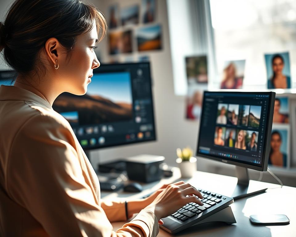A bright, modern workspace featuring a sleek computer monitor displaying advanced image editing software, with a variety of photo editing tools and vibrant images in the background. In the foreground, a professional-looking woman in a stylish, modest outfit is focused on adjusting brightness and contrast levels, her fingers hovering over the keyboard. Soft natural light streams through a window, casting gentle shadows and creating a warm and inviting atmosphere. The background is filled with blurred photos of landscapes and portraits, emphasizing the theme of digital photography and creativity. The overall mood is productive and inspiring, highlighting the art of photo editing in the digital age.
