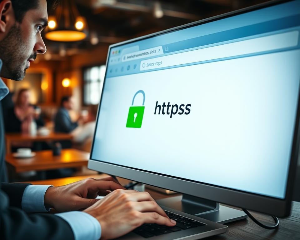 A close-up view of a computer screen displaying a secure HTTPS website, with a bright green padlock icon prominently showcased in the address bar. In the foreground, a professional-looking person in business attire is typing on the keyboard, appearing focused and engaged. The middle ground features elements of a cozy café environment, such as wooden tables and a blurred background of patrons enjoying their drinks, subtly hinting at a public Wi-Fi setting. Soft, natural lighting from nearby windows creates a warm and inviting atmosphere. The angle is slightly elevated, capturing both the screen and the person’s concentrated expression, emphasizing the importance of online security while using public networks. The overall mood is one of safety, diligence, and modern technology.