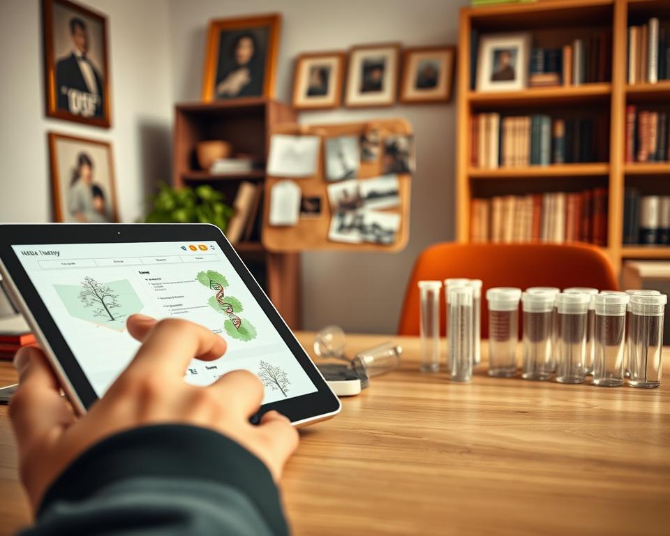 A close-up view of a modern, user-friendly genealogy app interface displayed on a sleek tablet or smartphone. In the foreground, show a hand interacting with the app, with vibrant tree graphics and DNA helix icons prominently visible on the screen. In the middle, include elements like a notebook with family trees sketched out, photos pinned to a corkboard, and test tubes representing DNA analysis. The background features a softly lit warm office space, with historical family portraits and genealogical books on shelves. Use natural lighting to create a cozy yet polished atmosphere, emphasizing discovery and connection to ancestry. The overall mood should be insightful and encouraging, inviting viewers to explore their heritage.