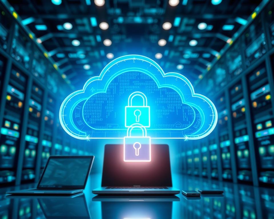 A conceptual illustration of secure cloud storage, featuring a digital cloud composed of layered transparent data streams glowing in blue and green hues, representing encryption and security. In the foreground, a sleek lock symbol radiates light, symbolizing protection, positioned centrally. The middle ground includes various digital devices like a laptop and a smartphone, showcasing seamless access to cloud storage. The background depicts a serene, abstract matrix of secure servers and data centers, softly illuminated, reflecting a high-tech atmosphere. The lighting is soft and professional, creating a calm and trustworthy mood, while a slightly blurred effect adds depth, emphasizing the three-dimensionality of the cloud. The angle is slightly low to portray the cloud as a prominent and powerful element.