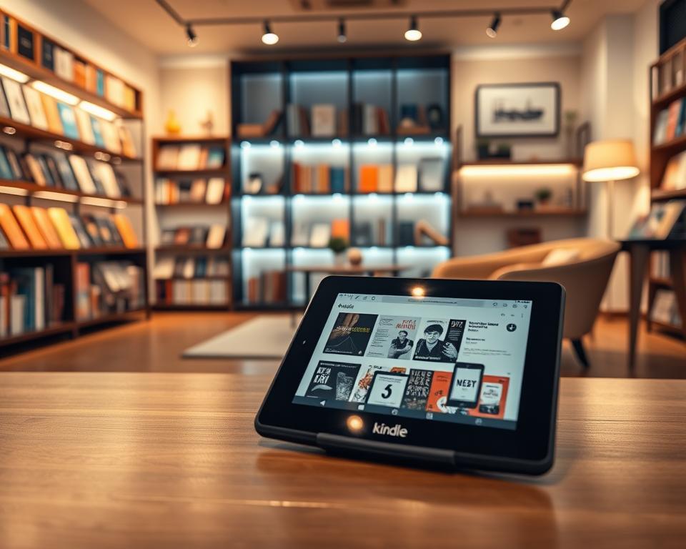 A cozy and inviting Kindle Store interior, showcasing an elegant digital book browsing experience. In the foreground, a sleek tablet displaying the Kindle interface with colorful book covers, glimmering softly under warm LED lights. In the middle, a stylish and modern bookshelf filled with various e-reader devices and merchandise, radiating a sense of innovation. In the background, a well-lit reading nook with a comfortable armchair and a small table, surrounded by subtle hints of digital technology, like abstract art books and minimalist decor. The atmosphere is warm and encouraging, inviting readers to explore the world of digital literature. Employ soft, natural lighting to enhance the inviting mood, shot with a shallow depth of field to emphasize the tablet and books in the foreground.