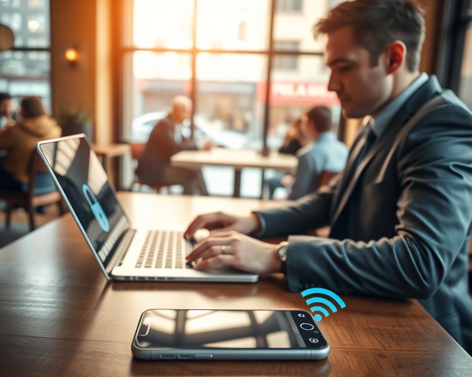 A cozy coffee shop interior filled with natural light, featuring a person in professional business attire sitting at a table, absorbed in working on a laptop. The foreground shows a close-up of a laptop with a visible security padlock icon on the screen, symbolizing internet safety. In the middle ground, a smartphone rests next to the laptop with a Wi-Fi symbol lit up, indicating a public connection. The background includes blurred outlines of other patrons, and a large window revealing a vibrant street scene outside, adding depth. The mood is focused and secure, with warm, inviting golden tones from the sunlight, creating a safe atmosphere for digital operations. Use a soft lens effect for a subtle depth of field.
