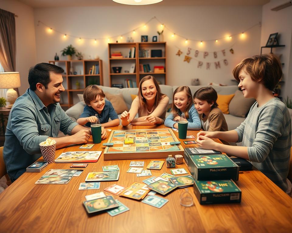 A cozy family game night setup in a warm, inviting living room. In the foreground, a large, wooden dining table is covered with a variety of board games, cards, and snacks, such as popcorn and soda, creating a vibrant atmosphere. In the middle, a cheerful family of four – a father, mother, and two kids – is seated around the table, dressed in casual yet modest clothing, engaged in playing a lively game, their faces lit up with joy and laughter. In the background, a softly lit living room with warm-toned fairy lights strung across a bookshelf, comfortable couches, and playful decorations creates a cozy ambiance. The scene is shot from a slightly elevated angle, emphasizing the closeness and excitement of family interaction, with warm, diffuse lighting adding to the cheerful mood.
