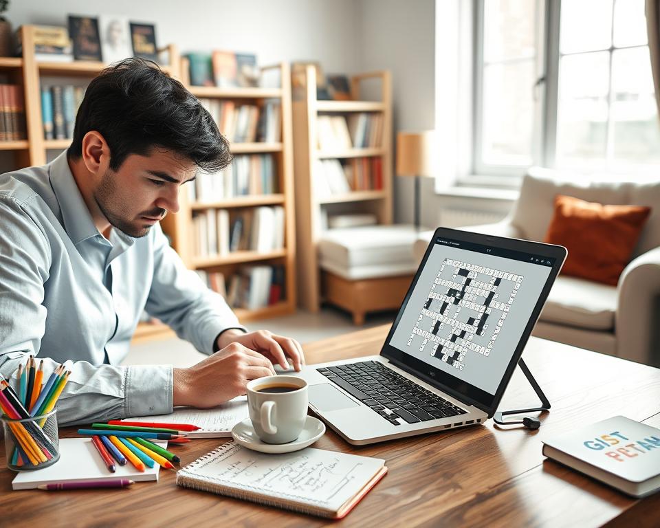 A cozy indoor scene featuring a well-lit desk with a laptop open to an online crossword puzzle. In the foreground, a focused individual, dressed in casual professional attire, is leaning slightly forward, frowning in concentration as they type answers into the crossword. On the desk, colorful pens, a notepad filled with scribbles, and a steaming cup of coffee create a warm atmosphere. In the middle ground, a bookshelf filled with crossword books and puzzles adds detail, while a soft, inviting armchair sits to the side. The background features a window with natural light streaming in, lending a serene touch to the scene. The mood is relaxed yet intellectually stimulating, capturing the essence of focusing on solving crosswords online.