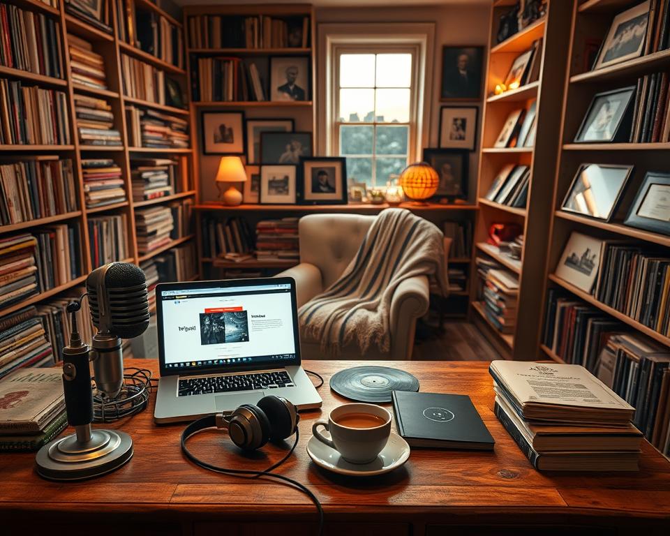 A cozy, inviting room filled with bookshelves stacked with historical texts and podcasts on vinyl records. In the foreground, a stylish wooden desk cluttered with a vintage microphone, headphones, and a steaming cup of coffee. On the desk, an open laptop displays a vibrant podcast interface. In the middle, a comfortable armchair draped with a soft blanket, inviting a listener to settle in. Shelves in the background are adorned with framed historical photos and artifacts, creating an atmosphere of exploration. Warm, soft lighting casts gentle shadows, while a window reveals a hint of twilight outside, adding a reflective mood as if one is about to embark on a journey through time. The camera angle is slightly above the desk, focusing on the podcast setup.