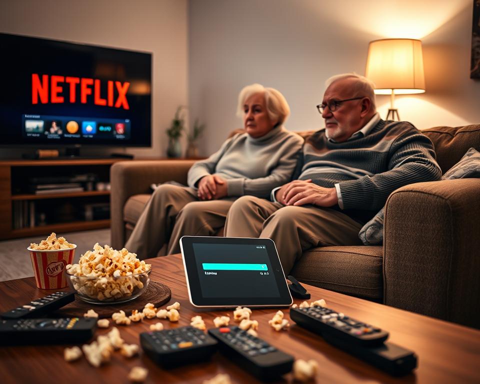 A cozy living room scene depicting an elderly couple sitting together on a comfortable sofa, both looking frustrated while attempting to watch Netflix on a large TV. The couple is dressed in modest casual clothing, such as sweaters and slacks. In the foreground, a digital tablet displaying a buffering icon is resting on a coffee table cluttered with remote controls and popcorn. The middle ground features the couple’s concerned expressions as they glance at each other, highlighting their shared frustration. The background shows a warm, inviting room with soft lighting from a nearby lamp, emphasizing a relaxed atmosphere disrupted by technical issues. Use a soft focus lens to create a warm, intimate feel, capturing the moment of troubleshooting connectivity problems.