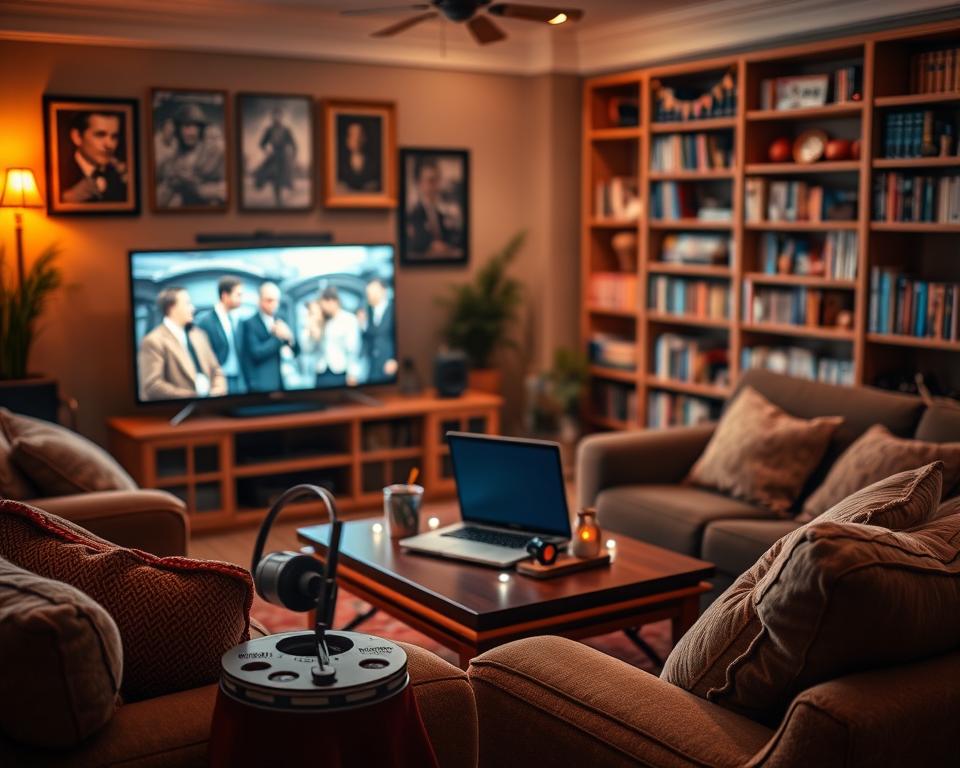 A cozy living room setup that showcases a home streaming experience of classic movies. In the foreground, a vintage-style television displays a famous classic film scene, radiating warm light. Soft, plush seating is arranged invitingly around a coffee table adorned with classic movie memorabilia like posters and film reels. In the middle, a laptop or a smart device connects to streaming services, hinting at a virtual film festival atmosphere, with a subtle glow suggesting an online connection. The background features soft-focus shelves filled with classic film DVDs and books, enhancing the nostalgic vibe. The lighting is warm and inviting, with a slightly dim ambiance to create a relaxed mood. The scene captures the essence of enjoying classic cinema from home, celebrating the rise of virtual streaming events.