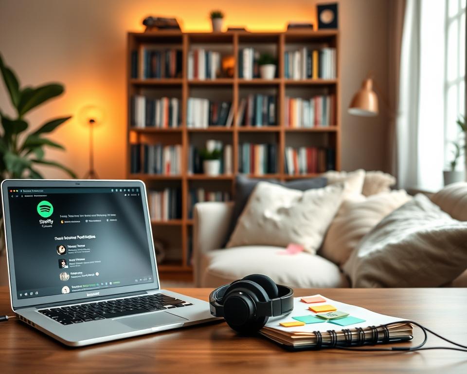 A cozy, modern home office setting focused on podcasting with a sleek Spotify interface displayed on a laptop screen. In the foreground, a stylish workspace includes a microphone, headphones, and a notebook with colorful sticky notes, symbolizing podcast preparation. The middle area features a comfortable chair and soft pillows, creating an inviting atmosphere. In the background, warm ambient lighting casts a soft glow above a bookshelf filled with books on audio production and creativity. Natural light filters through a window, enhancing the serene mood. The scene conveys a sense of focus and inspiration, perfect for immersing oneself in Spotify podcasts.