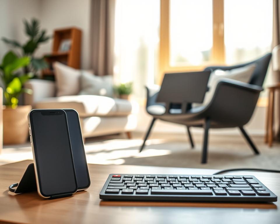 A cozy, modern living room setting showcasing various assistive technology products that enhance independence and accessibility. In the foreground, a sleek smartphone with a voice assistant feature is placed next to an adaptive keyboard designed for individuals with limited mobility. In the middle, an ergonomic chair supports a tablet stand displaying a communication app. In the background, a window allows natural light to illuminate the space, creating a warm and inviting atmosphere. Soft shadows cast by the furniture enhance depth. The mood is empowering and hopeful, reflecting how these tools enrich lives. The scene should feel relatable and professional, aiming to connect with viewers and convey the importance of assistive technology without any human presence.