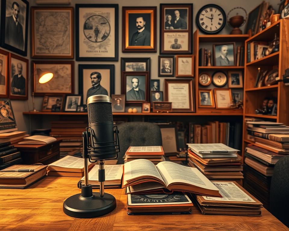 A cozy podcast studio featuring an array of niche history podcast themes. In the foreground, a stylish microphone sits on a wooden table cluttered with vintage history books and notebooks, illuminated by warm, soft lighting. The middle layer showcases a wall adorned with framed historical maps and black-and-white portraits of notable historical figures, exuding a scholarly atmosphere. In the background, shelves filled with obsolete artifacts and awards celebrate diverse history topics, creating an engaging and inviting space. The overall mood should evoke curiosity and a sense of discovery, hinting at the captivating stories from the past that await listeners. The scene should be shot with a slight angle to give depth, using a soft focus on the background elements to keep the emphasis on the foreground details.