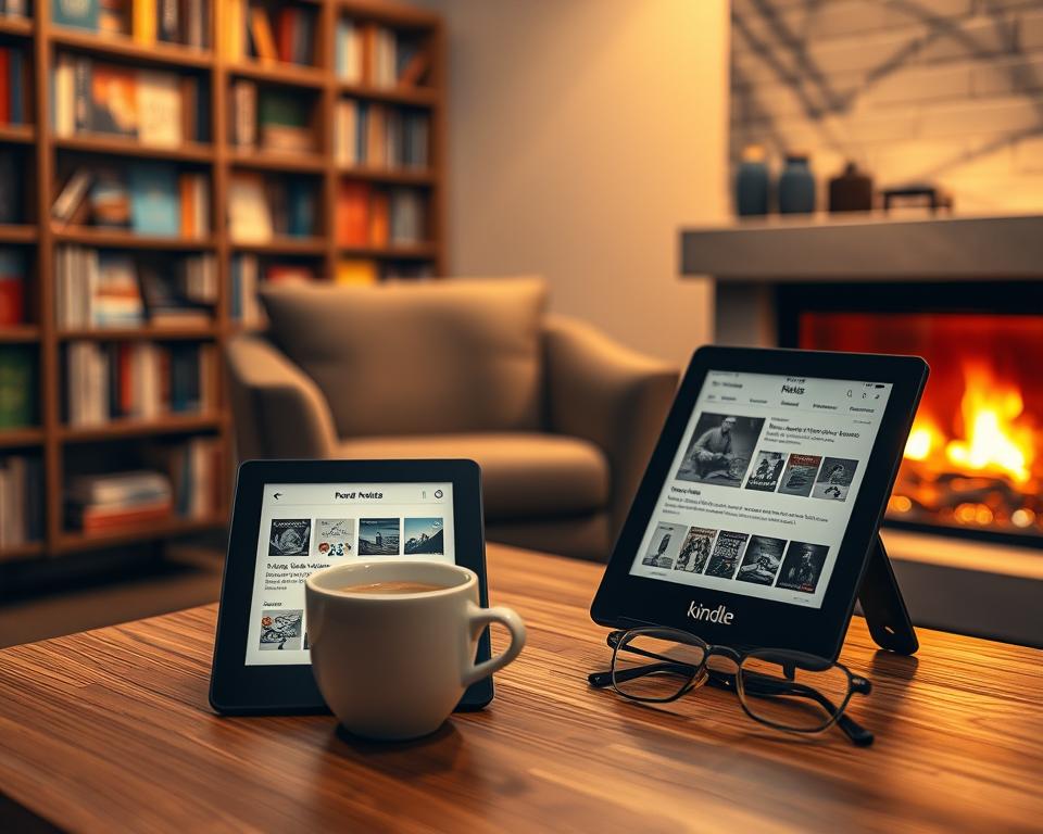 A cozy reading nook featuring a stylish Kindle device displaying personalized reading options. In the foreground, the Kindle rests on a modern wooden table adorned with a steaming cup of coffee and a pair of reading glasses. In the middle, a plush armchair is positioned beside a warm fireplace, casting a soft glow that highlights the Kindle's screen. A bookshelf filled with colorful digital book covers subtly reflects the theme of diverse reading choices in the background. The scene is illuminated by warm, inviting lighting that creates a relaxing atmosphere, encouraging a sense of comfort and exploration in the world of digital books. The composition is framed from a slightly elevated angle, emphasizing the sleek design of the Kindle and the inviting surroundings.