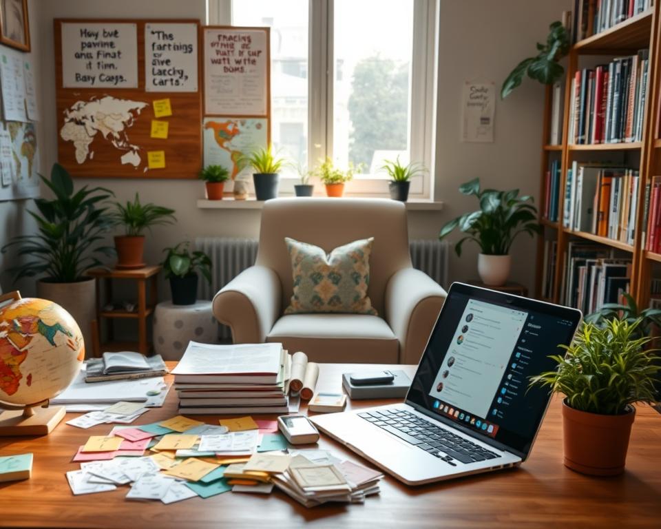 A cozy study space filled with language learning resources. In the foreground, a wooden desk is strewn with colorful flashcards, language books, and a globe. Next to them, a laptop displays an open language app. In the middle ground, a comfortable chair faces a large window, through which soft, natural light illuminates the scene, creating a warm and inviting atmosphere. On the wall, a bulletin board showcases notes, inspirational quotes in different languages, and pinned maps of countries. The background features a shelf lined with books in various languages, surrounded by potted plants. The composition should evoke a sense of exploration and dedication to learning, with a calm, focused mood.