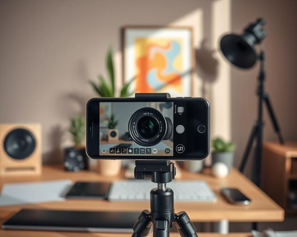 A creative workspace featuring a smartphone photographer exploring mobile photography challenges. In the foreground, a well-organized desk with a smartphone mounted on a tripod, focusing on a close-up of a lens demonstrating various shooting techniques such as macro and portrait modes. The middle layer showcases a selection of everyday objects, like a potted plant and a colorful wall art piece, creatively arranged to reflect common subjects for mobile photography. In the background, a warm, naturally lit room with soft shadows enhances the inviting atmosphere. An unobtrusive mood suggests professionalism and creativity, perfect for photographers looking to enhance their skills while embracing the challenges of mobile photography.