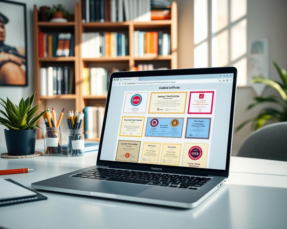 A digital workspace showcasing a variety of online certificates and credentials. In the foreground, a sleek laptop displays an open course platform with vibrant, eye-catching certificate designs. To the left, a modern desk with neatly arranged stationery and a potted plant adds a touch of professionalism. In the background, a soft-focus bookshelf filled with books on career development and lifelong learning creates a cozy, intellectual atmosphere. Bright, natural lighting filters through a nearby window, casting gentle shadows. The scene conveys a sense of motivation and growth, ideal for someone eager to enhance their skills through online learning courses.
