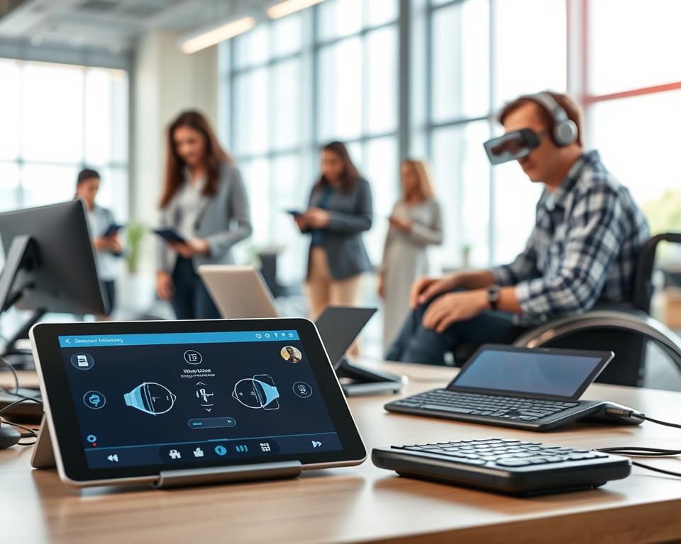 A futuristic workspace featuring a variety of innovative assistive technology tools designed for accessibility. In the foreground, display a sleek tablet with a voice recognition interface, surrounded by adaptive devices such as ergonomic keyboards and touch screens with on-screen guides. The middle ground features a diverse group of professionals, including a woman in smart business attire using a portable magnifier and a man in modest casual clothing engaging with a smart wheelchair. The background showcases an airy, brightly lit office with large windows, soft natural light filtering through, creating a welcoming atmosphere. Use a shallow depth of field to emphasize the tools while gently blurring the background. The mood should feel inspiring and forward-looking, embodying empowerment and progress in assistive technology.