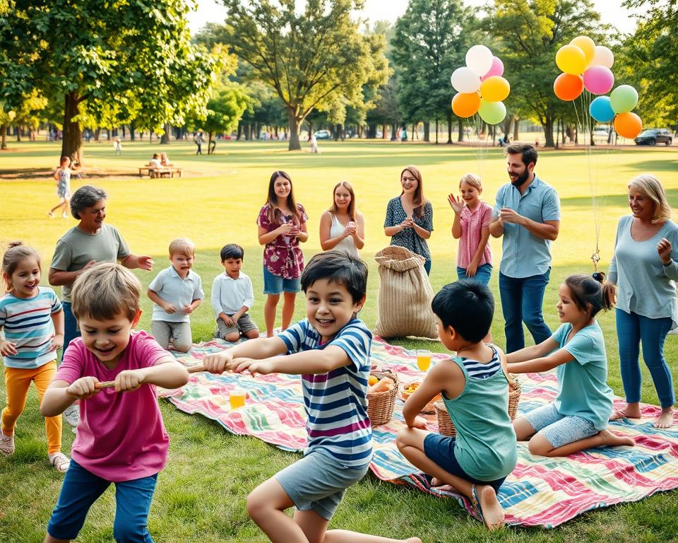 A lively outdoor family gathering scene, depicting a large family playing various games. In the foreground, children are joyfully playing a tug-of-war, while siblings are engaged in a competitive sack race. The middle ground features a picnic setup with colorful blankets and baskets filled with snacks, where adults are cheering and enjoying refreshments. In the background, a spacious park with lush greenery and colorful balloons creates a festive atmosphere, under soft, warm sunlight. The scene captures laughter and excitement, emphasizing a sense of togetherness and joy in family activities. Use a wide-angle lens to include a diverse mix of faces, dressed in casual, comfortable clothing, showcasing a celebration of fun and connection.