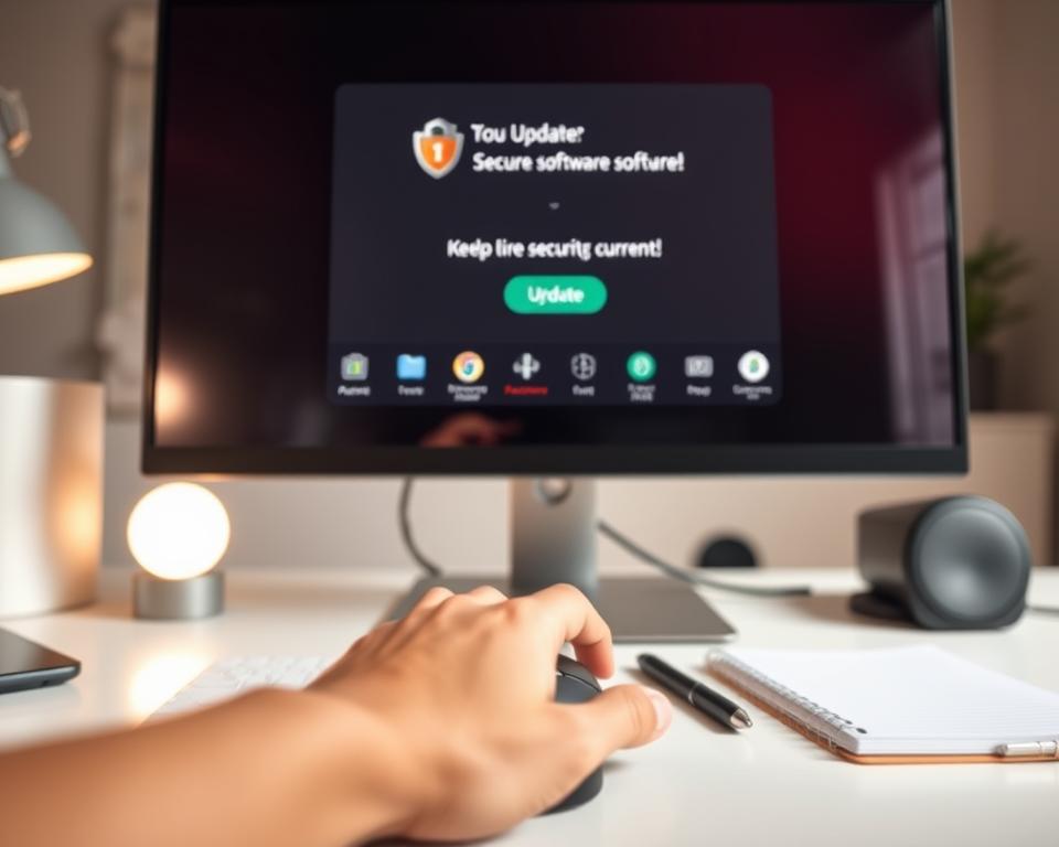 A modern desktop setup featuring a sleek computer monitor displaying a software update notification, emphasizing the importance of keeping security software current. In the foreground, a hand reaches towards the mouse, surrounded by secure browsing tools like a password manager and an antivirus icon. The middle layer shows an organized workspace with a notepad and pen, symbolizing preparedness. The background features a well-lit room with soft, ambient lighting that creates a calm atmosphere, suggesting focus and professionalism. Use a shallow depth of field to keep attention on the desktop details, and ensure the whole scene conveys a sense of security and diligence in digital privacy practices.