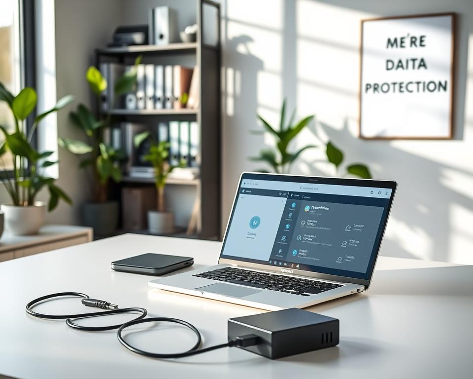 A modern home office setting featuring a sleek computer desk with an open laptop displaying a backup software interface. In the foreground, a stylish external hard drive is prominently placed beside the laptop, with cables neatly organized. The middle layer includes a bookshelf filled with files and tech gadgets, surrounded by green potted plants to create a calming atmosphere. Soft, natural light filters through a large window, casting gentle shadows and highlighting the clean, organized workspace. In the background, a minimalist wall features motivational art about data protection. The overall mood is professional yet inviting, reflecting the ease of setting up an efficient file backup system. The angle is slightly elevated, giving a comprehensive view of the entire setup.