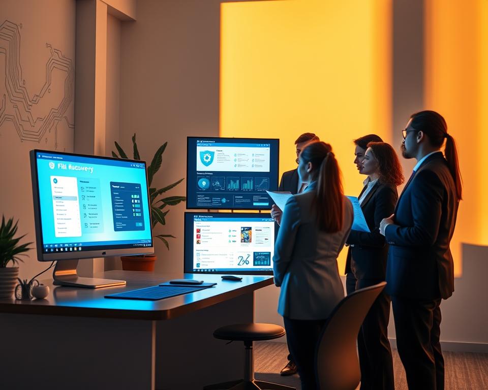 A modern office environment serves as the backdrop, featuring a sleek desk with a stylish computer displaying a file recovery interface illuminated by a soft blue light. In the foreground, a diverse professional team is engaged in discussion, dressed in smart business attire, examining data recovery tools and shared screens filled with visual graphs and recovery options. The middle ground shows a large window casting warm, natural light that contrasts with the cool tones of the screens, creating an atmosphere of focus and productivity. Soft shadows enhance the depth of the scene, while subtle hints of technology-themed elements, like circuit patterns on the walls, evoke a sense of innovation. The overall mood is one of efficiency and reassurance, emphasizing the importance of data protection and recovery.