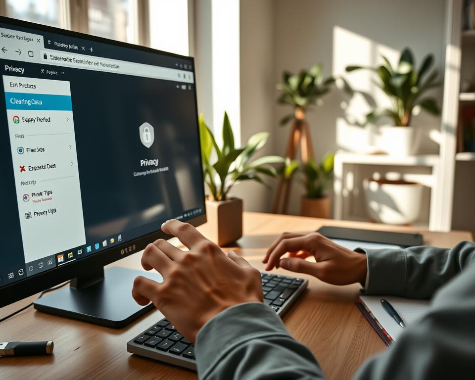 A modern, sleek home office setup, featuring a computer screen displaying a browser interface with tabs labeled "Privacy" and "Clearing Data." In the foreground, a person in smart casual attire is focused on the screen, with fingers poised above the keyboard, symbolizing active engagement in secure browsing. The middle ground showcases an organized desk with privacy-conscious items such as an encrypted USB drive and a notebook filled with privacy tips. Soft, natural light filters in from a nearby window, casting gentle shadows and creating a calm atmosphere. The background reveals a serene room with house plants, promoting a feeling of security and tranquility as the person takes control of their online privacy. The scene captures a sense of empowerment in a digital age, emphasizing stability and focus on data protection.