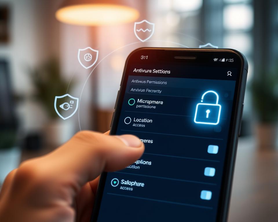 A modern smartphone screen displaying various antivirus permission settings, prominently featuring toggle switches for camera, microphone, and location access. In the foreground, a hand adjusting one of the switches, suggesting careful management of permissions. The middle layer includes an overlay of stylized digital icons representing security (such as a shield and lock) surrounding the phone, subtly glowing to emphasize importance. The background showcases a blurred home office setting with soft, warm lighting filtering through a window, creating a sense of a safe and tech-savvy environment. The mood is professional yet approachable, reflecting the importance of mobile security in daily life.