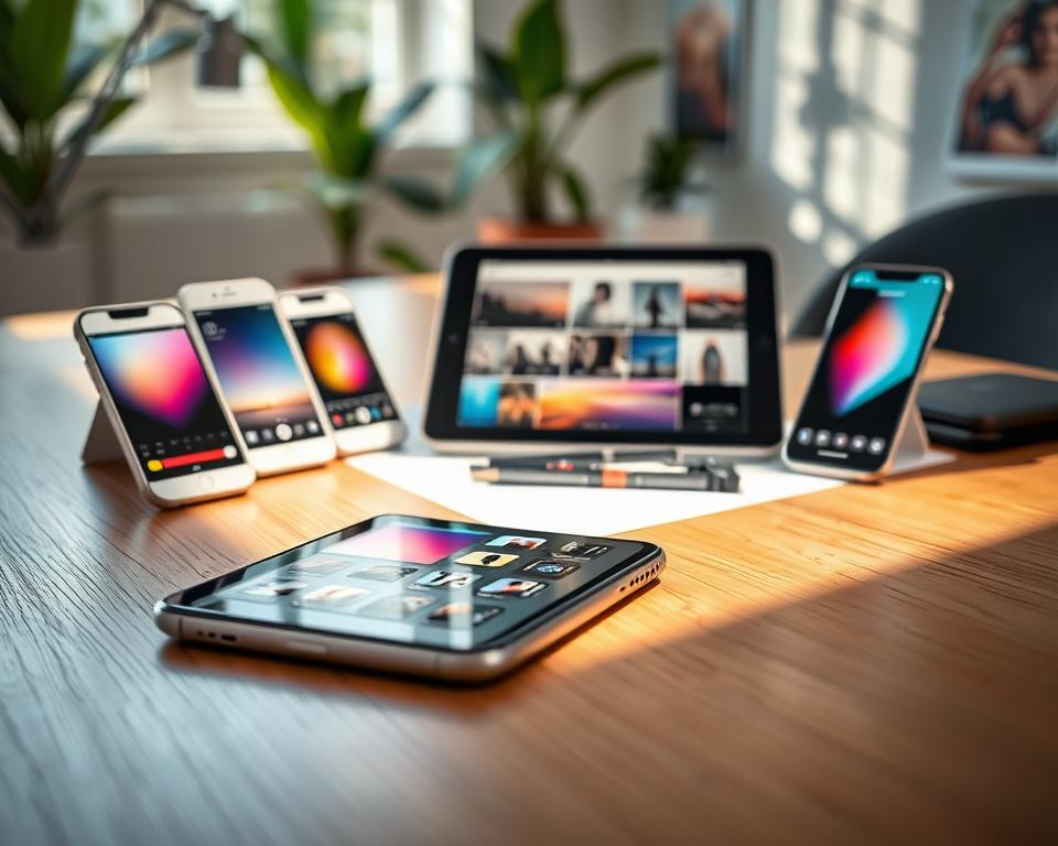 A modern smartphone surrounded by various mobile editing apps on the screen, displaying vibrant color adjustments and creative filters. The foreground features the phone resting on a stylish wooden desk, partially illuminated by soft, natural sunlight streaming through a nearby window. In the middle, a digital tablet is open with an artist's color palette and editing tools next to it, showcasing a peaceful workspace atmosphere. The background is softly blurred, hinting at a cozy room with plants and inspirational photography prints on the wall. The overall mood should convey creativity and productivity, inviting users to explore the world of mobile photo editing. Emphasize clarity and detail, focusing on the phone's screen and editing options, with a warm color palette that enhances the inspiring environment.