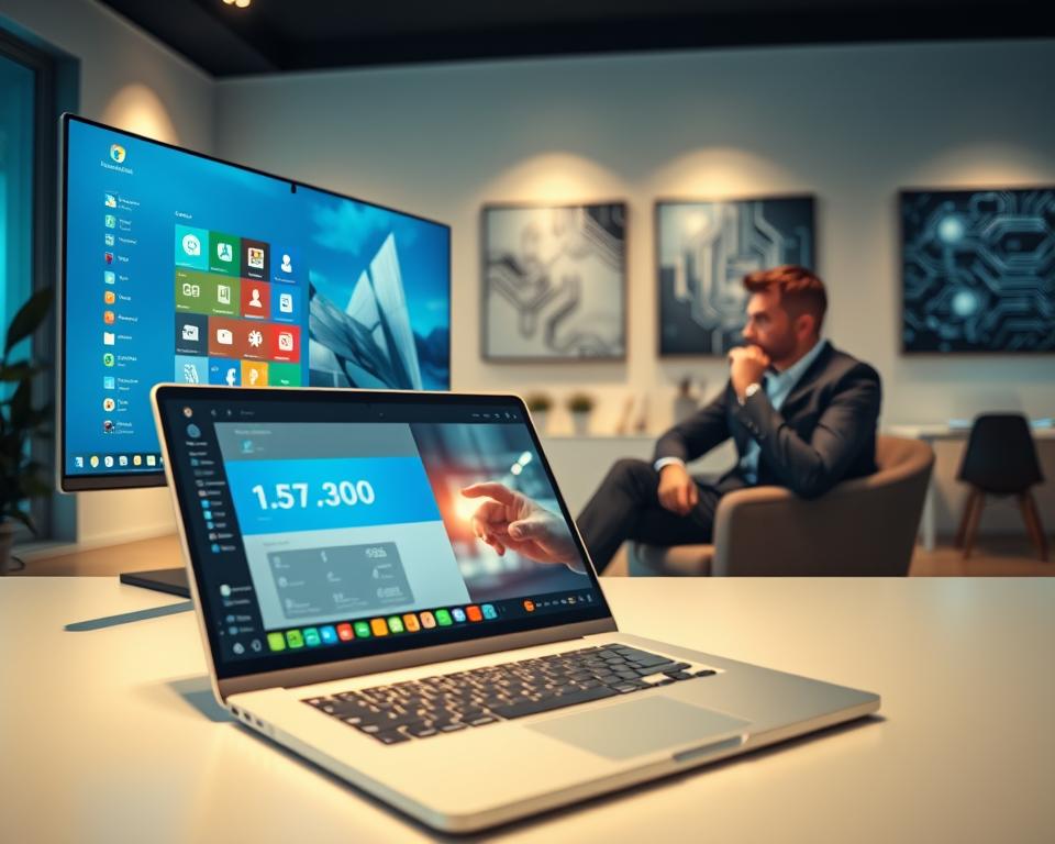 A modern workspace showcasing an operating system interface on a large, sleek monitor. In the foreground, a high-tech laptop with an open screen displaying colorful, user-friendly icons and a smooth digital dashboard. The middle ground features a professional seated figure in business attire, thoughtfully observing the screens and interacting with touch gestures. In the background, soft, ambient lighting enhances the inviting atmosphere of the room, with abstract tech-themed artwork on the walls. A hint of futuristic elements like floating data visuals and circuit board patterns subtly integrated into the environment. The overall mood is one of innovation and productivity, emphasizing simplicity and clarity in technology. The image is well-lit, with a slightly elevated angle to capture both the workspace and the intricate details of the operating system interface.