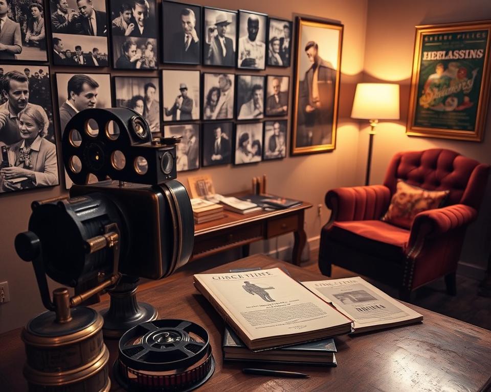 A richly detailed scene capturing the essence of classic movie documentaries. In the foreground, an antique film projector casts warm, soft light onto a wall filled with iconic black-and-white stills from classic films, showcasing legendary actors and memorable scenes. The middle ground features a vintage-style table adorned with classic film books and documentaries on DVD, surrounded by film reels and a film script. In the background, a cozy living room nook with a classic velvet armchair and a retro film poster softly lit by a table lamp, creating a nostalgic atmosphere. The overall mood is warm and inviting, suggesting a passion for classic cinema, with a slightly cinematic lens effect to enhance the nostalgia feel.