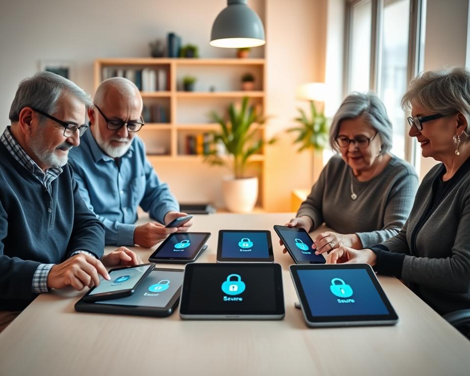 A serene and modern workspace filled with a diverse group of seniors, two men and two women, engaged in a collaborative discussion about choosing secure apps and platforms. In the foreground, a well-lit table features tablets and smartphones displaying various app icons symbolizing security. The seniors, dressed in smart casual attire, appear focused and engaged, exploring the devices with expressions of interest and curiosity. In the middle, a soft glow from a nearby window bathes the scene in warm light, accentuating a sense of safety and trust. The background showcases bookshelves with tech-related books and a potted plant, adding a touch of comfort. The overall mood is encouraging and empowering, emphasizing informed choice and digital security.