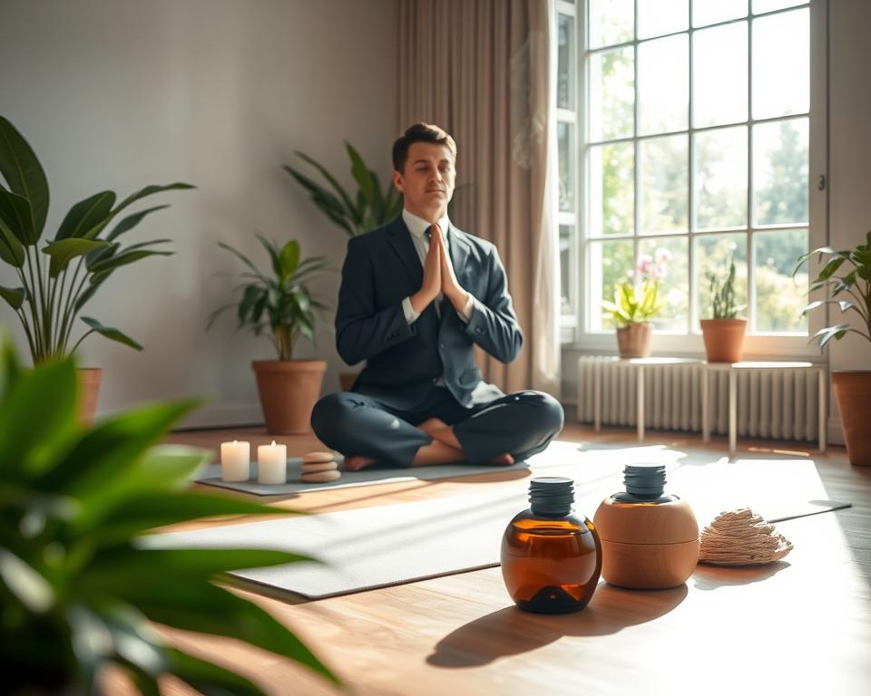 A serene indoor setting focused on stress management techniques to enhance sensory health. In the foreground, a peaceful individual, dressed in professional business attire, engages in a mindfulness meditation posture, surrounded by soft plants and calming elements like candles and stones. In the middle, a yoga mat lays on a wooden floor, with essential oil diffusers exuding gentle vapors, symbolizing relaxation methods. The background showcases a window revealing a bright, sunlit garden, providing natural light that casts soft shadows, enhancing the tranquil atmosphere. The overall mood is calm and restorative, evoking a sense of peace and clarity that promotes well-being for hearing and vision health.