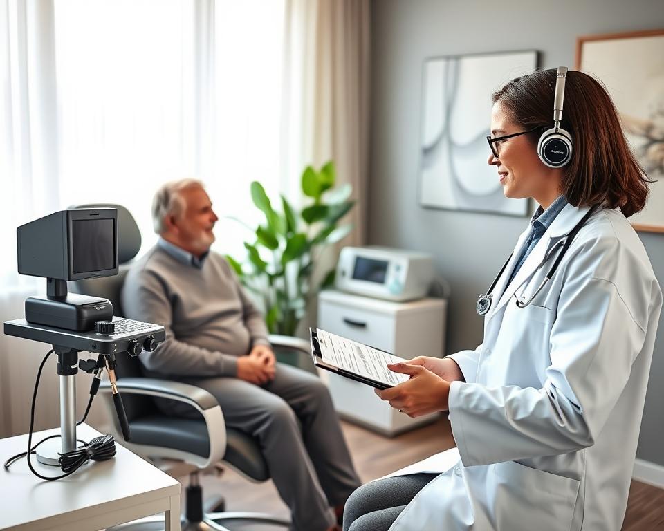 A serene medical examination room, bathed in soft, natural light filtering through a large window with sheer curtains. In the foreground, a professional audiologist in a crisp white lab coat, wearing glasses, is gently communicating with a middle-aged patient seated comfortably in a modern examination chair. The audiologist is holding a clipboard and a pair of audiometer headphones, showcasing a dedicated focus on auditory wellness. In the middle, an array of specialized ear testing equipment, including a tympanometer and audiometer, is neatly arranged on a nearby countertop. In the background, calming green plants and a calming abstract art piece add to the atmosphere of tranquility and professionalism. The overall mood is one of reassurance and care, emphasizing the importance of regular screenings for hearing health.