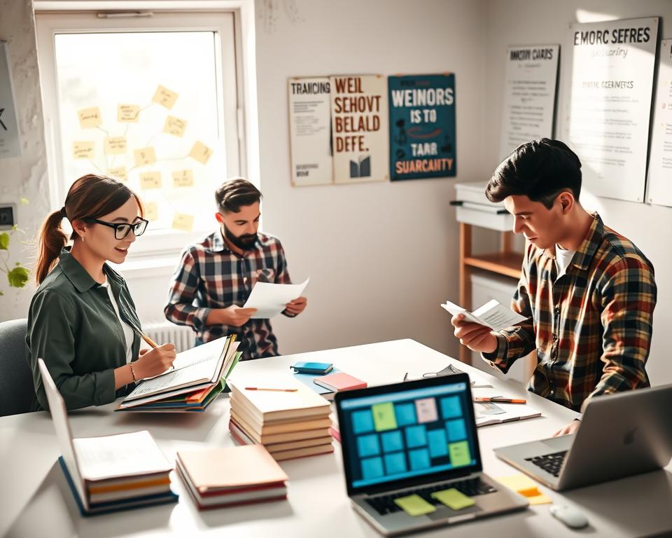 A serene workspace featuring a diverse group of three individuals engaged in memory techniques. In the foreground, a young woman with glasses, wearing professional attire, enthusiastically writes notes in a colorful planner, while a middle-aged man in a casual button-up shirt examines a mind map on a wall. Nearby, a young man in smart casual attire appears deep in thought, reviewing flashcards. The middle ground showcases an organized desk filled with books, sticky notes, and a laptop displaying memory enhancement techniques. The bright, diffused natural light coming from a window creates a warm atmosphere, while soft shadows add depth to the scene. The background includes motivational posters, enhancing the positive and focused mood of self-improvement and progress tracking.