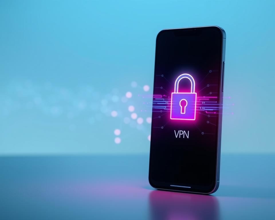 A sleek mobile phone displaying a secure VPN interface in the foreground, with a dynamic digital lock symbol superimposed on the screen, representing mobile security. In the middle, an abstract representation of encrypted data flowing smoothly—depicted as glowing, colorful lines and packets traveling between points, symbolizing privacy and protection. The background features a soft gradient of blue and green tones, suggesting a serene cybersecurity environment. The lighting is modern and tech-oriented, with a subtle glow emanating from the phone, highlighting its importance. The overall mood is professional and secure, evoking trust and reliability in mobile security solutions.