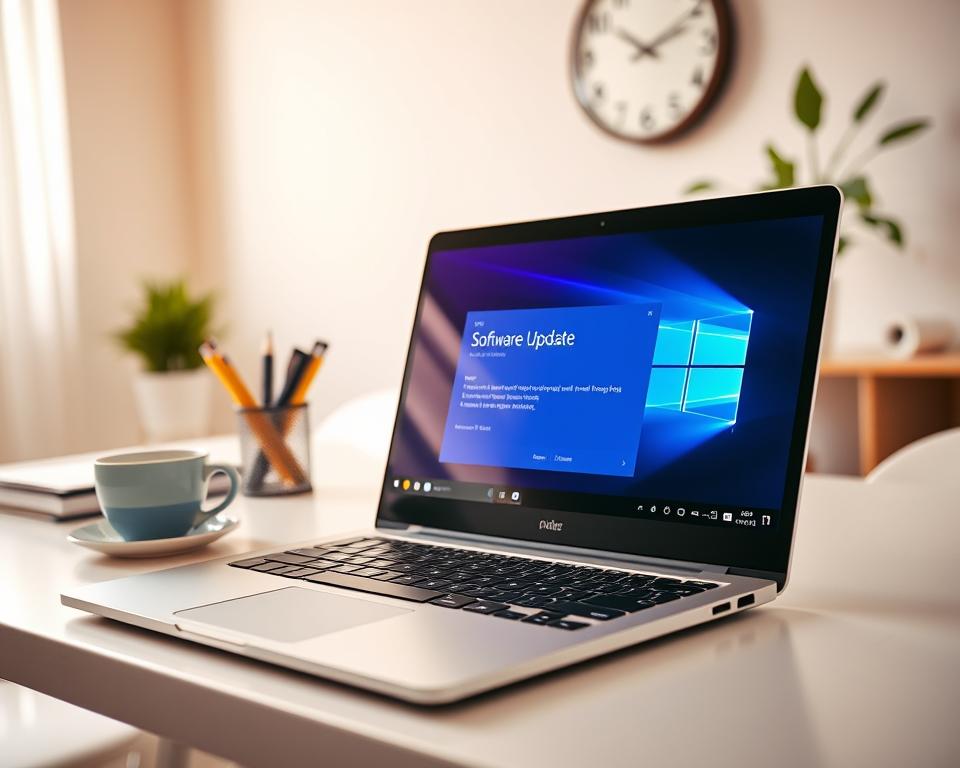 A sleek, modern Windows laptop is displayed prominently in the foreground on a minimalist desk, its screen showcasing a vibrant, visually engaging software update interface. The laptop's keyboard, shining under warm, soft lighting, invites focus. In the middle ground, neatly arranged office supplies and a cup of coffee add a touch of everyday professionalism, enhancing the theme of productivity. The background features a softly blurred home office setting with a wall clock and a plant, creating a serene atmosphere. The lighting is bright yet calming, conveying a sense of efficiency and renewal, suggesting the importance of keeping software updated for optimal performance. The overall mood is focused and encouraging, resonating with the theme of continuous improvement.
