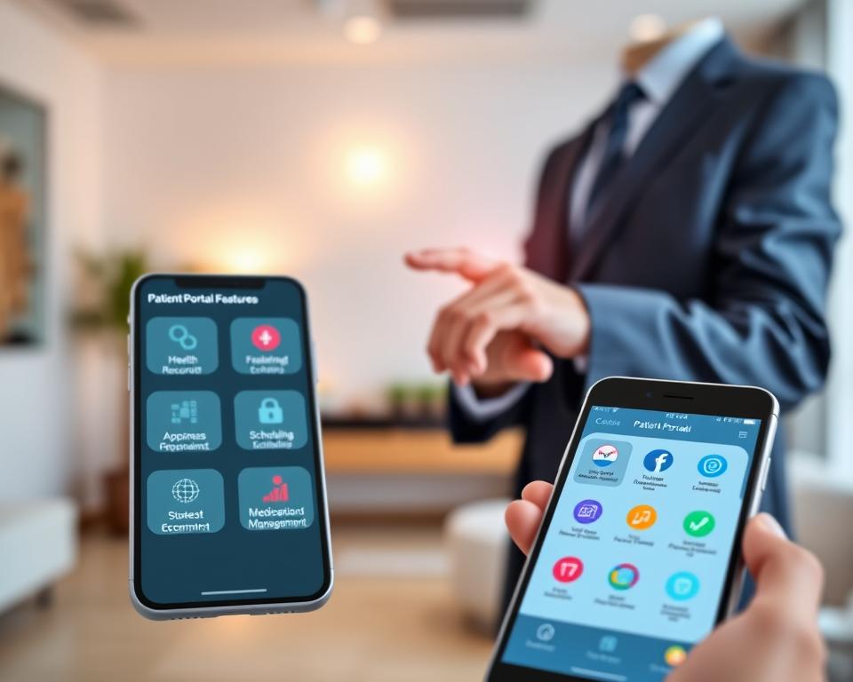 A sleek, modern digital interface showcasing "Patient Portal Features," with icons representing various functionalities like health records access, appointment scheduling, and medication management. In the foreground, a user-friendly smartphone display highlights intuitive navigation and vibrant icons. The middle ground features a subtle hand scrolling through digital records, dressed in professional business attire, exuding a sense of trust and professionalism. In the background, a softly lit room with soothing colors reflects a calm and welcoming atmosphere. The lighting is warm and inviting, enhancing the sense of security and ease in managing health data. Capture the essence of modern healthcare technology and accessibility in a way that conveys clarity and user-friendliness.