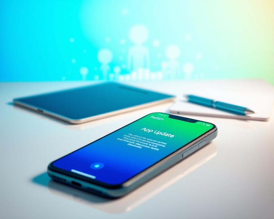 A sleek, modern smartphone displaying a vibrant app update notification on its screen, set against a soft gradient background in shades of blue and green to evoke a sense of freshness and innovation. In the foreground, the phone rests on a clean, white desk alongside a stylish tablet and a notepad with a pen, symbolizing productivity. The middle layer includes subtle hints of digital icons like a refresh symbol and progress bars, lightly illuminated to convey activity and urgency. The background is blurred with abstract tech elements, suggesting a digital environment. The lighting is bright and inviting, creating a positive atmosphere, while the overall composition emphasizes clarity and efficiency in managing app updates.
