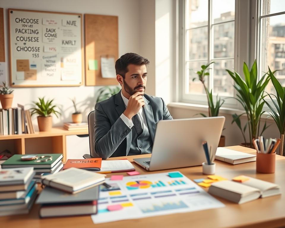 A thoughtful individual sitting at a spacious desk, surrounded by books, a laptop, and various course materials, symbolizing the process of choosing the right online course. In the foreground, the person, dressed in professional business attire, looks contemplative while examining potential course options on a vibrant screen. In the middle ground, colorful charts and sticky notes are spread out, suggesting organization and planning. The background features a well-lit, modern home office with plants, a bulletin board filled with inspiring quotes, and a soft, warm color palette, creating an inviting atmosphere. The scene is illuminated by natural light streaming through a window, casting soft shadows, enhancing the mood of calm determination and focus.
