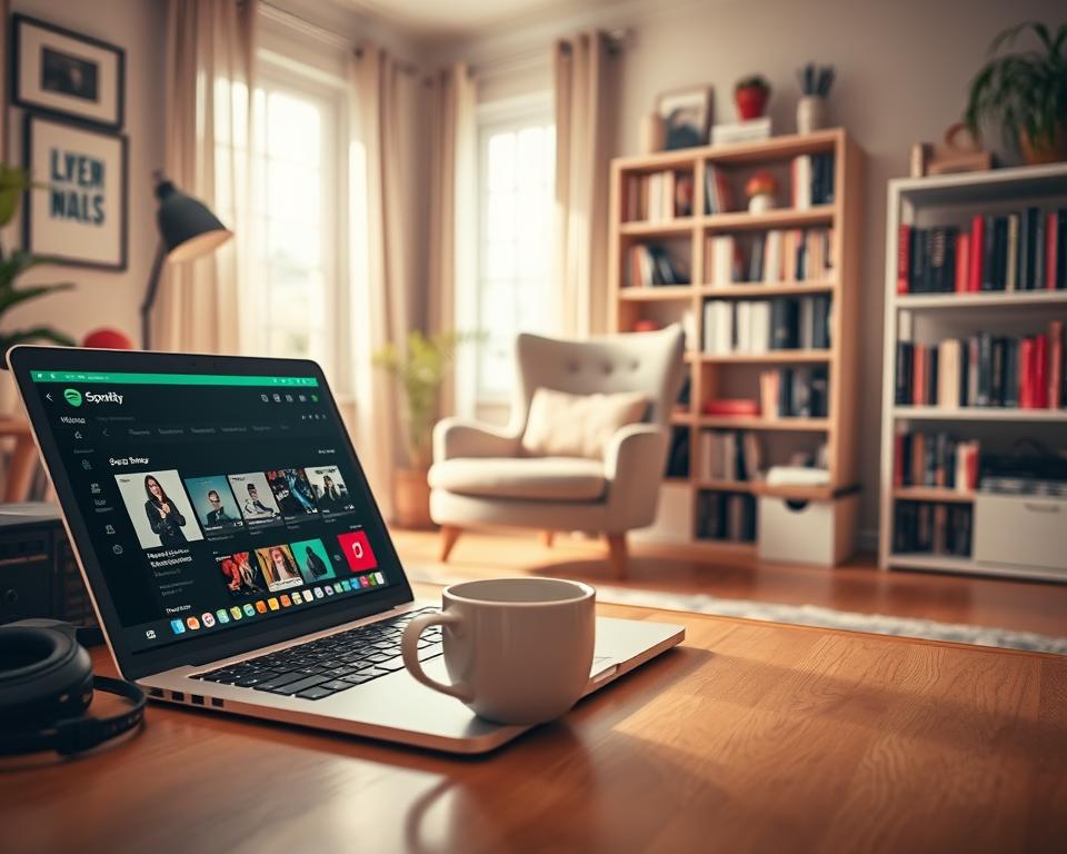 A vibrant and dynamic image of a cozy and stylish home workspace, highlighting the Spotify music streaming features. In the foreground, a sleek laptop is open, displaying the Spotify interface with album artwork and playlists visible. A coffee cup sits next to it, with headphones elegantly positioned nearby. In the middle ground, showcase a comfortable chair and a small bookshelf filled with music-related books, creating a warm atmosphere. In the background, a bright and inviting window lets in soft natural light, casting a gentle glow throughout the room. The mood is relaxed yet inspiring, perfect for discovering hidden features of Spotify. The scene is well-composed, emphasizing a modern, tech-savvy environment without any human subjects. The image should convey a sense of exploration and creativity in music listening.