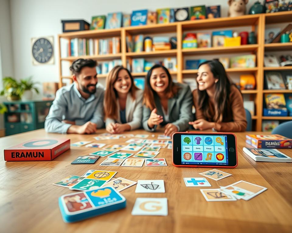 A vibrant and engaging scene depicting various brain training memory games. In the foreground, colorful game cards and puzzles are spread out on a clean wooden table, showcasing images of memory exercises and matching games. A modern smartphone displays a brain training app, with a bright, animated interface. In the middle ground, a diverse group of three individuals, dressed in professional casual attire, are deeply focused on playing the games, smiling and interacting with each other. Soft, natural lighting fills the room, enhancing a cheerful and motivating atmosphere. In the background, shelves lined with various board games and educational materials suggest a playful environment. The image is captured from a slightly elevated angle, giving a comprehensive view of the lively scene, perfect for illustrating the theme of popular memory games.