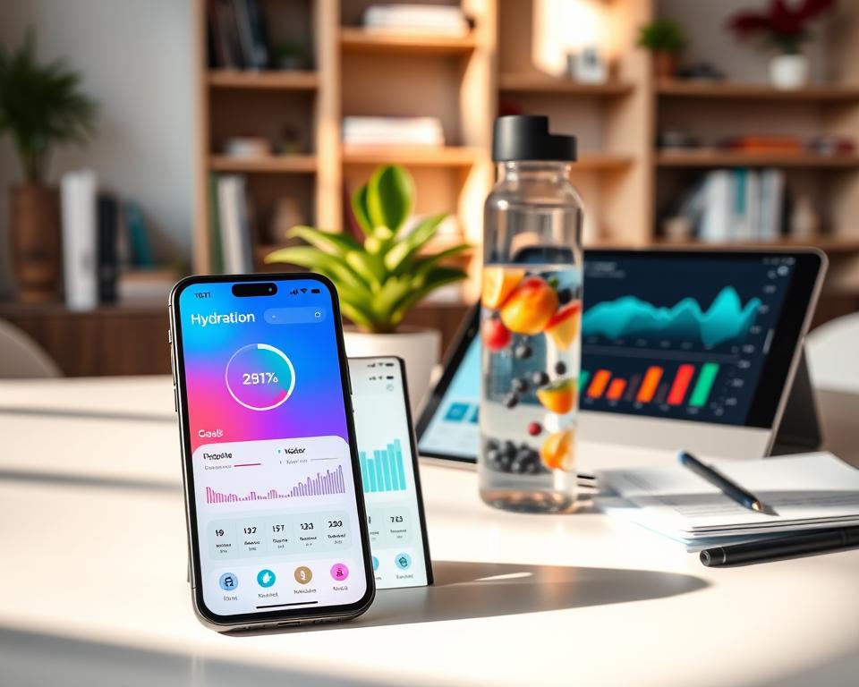 A vibrant and modern workspace showcasing a selection of mobile devices displaying various hydration tracking apps. In the foreground, a sleek smartphone with a colorful hydration app interface, featuring animated water intake graphs and daily goals. Beside it, a tablet with dynamic charts, set against a stylish water bottle filled with fruit-infused water, emphasizing hydration. The middle ground features soft shadows cast by warm, natural lighting, which highlights a minimalist desk adorned with a potted plant and a notepad for notes. In the background, blurred shelves with hydration-related books and decorative elements create an inviting atmosphere. The composition conveys a sense of productivity and health, suitable for professionals seeking to effortlessly track their water intake.