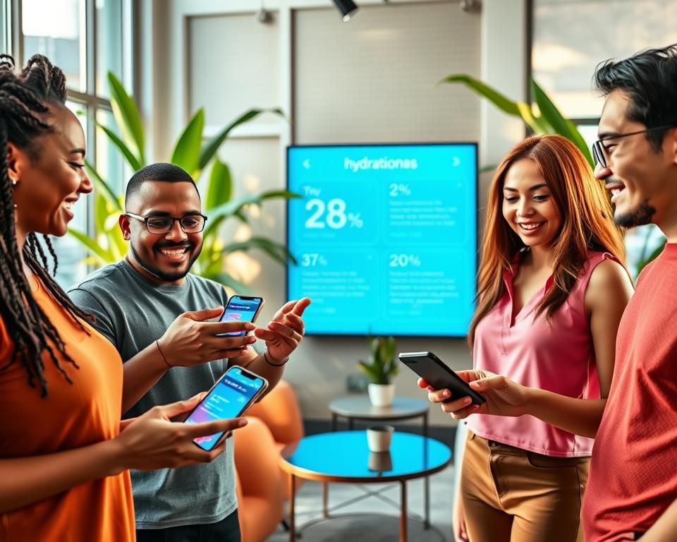 A vibrant community of diverse individuals engaged in a hydration challenge within a modern, bright tech space. In the foreground, a group of four people, including a Black woman, a Hispanic man, a Caucasian woman, and an Asian man, are excitedly discussing their hydration goals while sharing their app screens on sleek smartphones. The middle ground features a large digital display showcasing hydration statistics and motivational quotes. The background includes green plants and contemporary furniture, promoting a healthy and inviting atmosphere. Warm sunlight filters through large windows, casting soft shadows, and the mood is collaborative and inspiring, emphasizing community support in achieving hydration goals. Focus on clarity and vibrant colors for an uplifting, energizing feel.