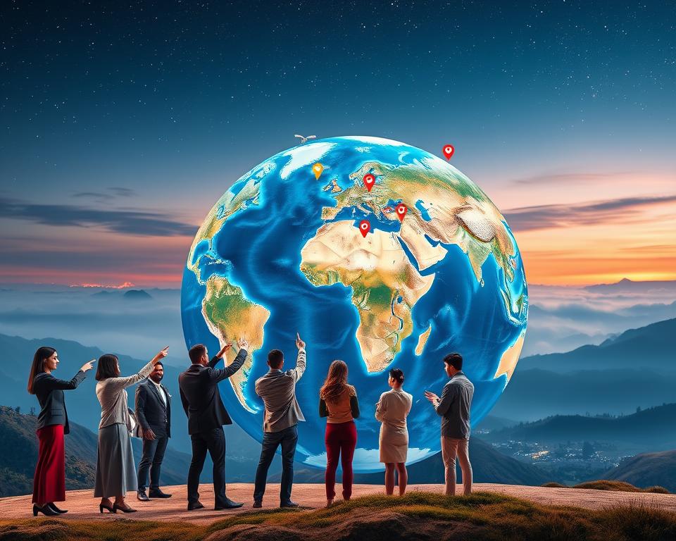 A vibrant digital landscape illustrating the concept of global exploration through Google Earth. In the foreground, a diverse group of individuals in professional and modest casual attire are actively engaging with a large interactive globe, pointing at various locations. The middle ground features a mesmerizing 3D map view that highlights famous landmarks and natural wonders around the world, enhanced with bright, colorful markers indicating travel stories. The background consists of a serene sky transitioning from twilight to night, filled with stars, symbolizing endless possibilities. Include soft, warm lighting to evoke a sense of wonder and adventure, with a slight tilt-angle perspective to create depth. The overall mood is inspiring and optimistic, showcasing the excitement of traveling the globe through digital means.