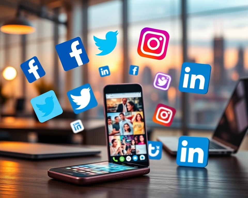 A vibrant digital workspace representing popular social media apps, featuring logos of well-known platforms like Facebook, Twitter, Instagram, and LinkedIn, artistically arranged in a dynamic composition. In the foreground, a sleek smartphone displaying a colorful feed filled with engaging posts and interactions, symbolizing user engagement. The middle ground showcases modern office elements, like a stylish desk and a laptop, while the background has a soft-focus city skyline, signifying a connected world. The scene is illuminated with warm ambient lighting, creating an inviting atmosphere. The overall mood should evoke a sense of community and connectivity, celebrating the impact of social media on daily life, without any text or branding elements visible.
